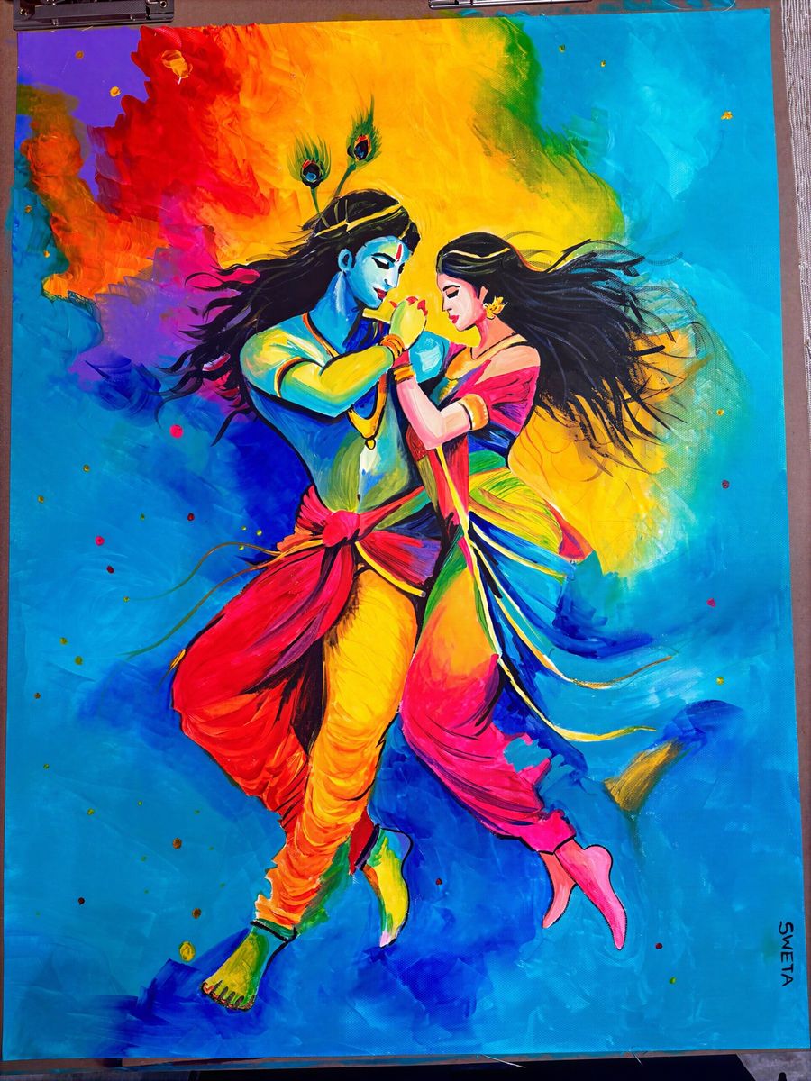 Acrylic painting of Radha and Krishna dancing together in swirling saffron and crimson robes against an electric blue ground