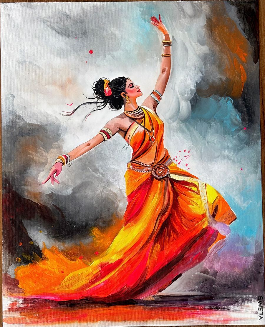 Acrylic painting of a classical Indian dancer mid-pose in a flame-orange sari against a smoky grey background