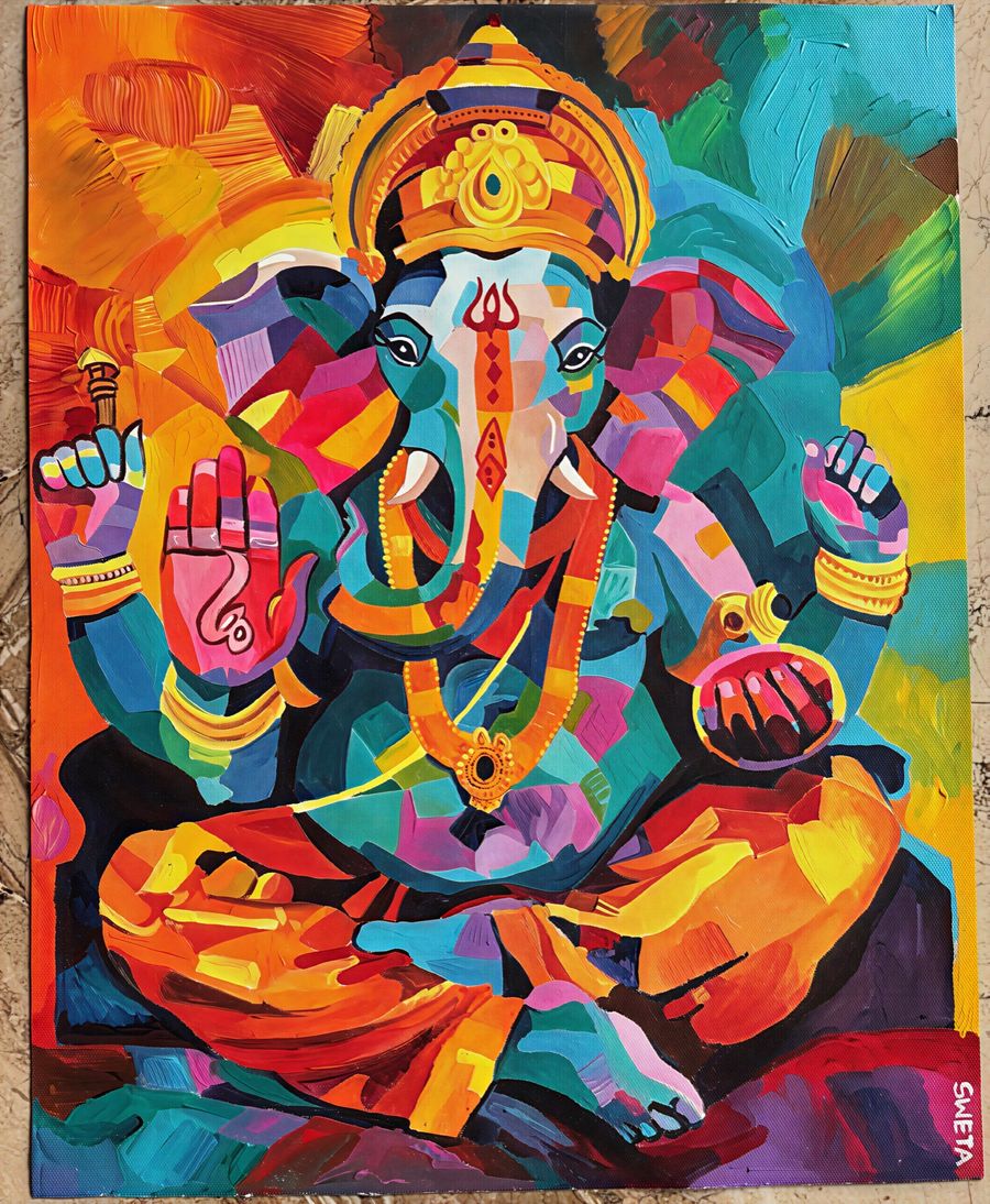 Acrylic painting of Ganesha seated in lotus position, painted in overlapping blocks of every colour with a lotus in one hand