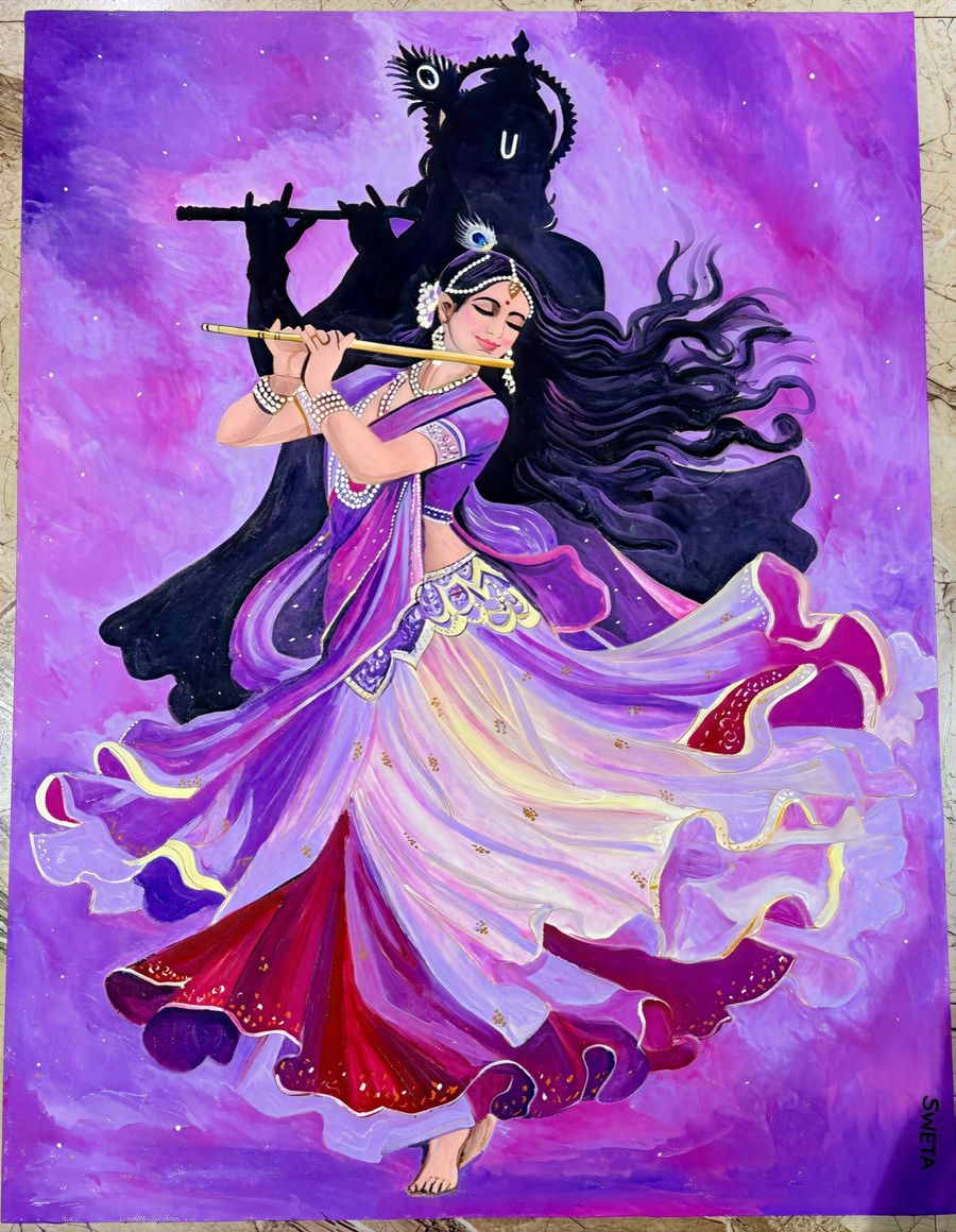 Acrylic painting of Radha playing a flute in a flowing violet and rose lehenga, with a silhouette of Krishna above her