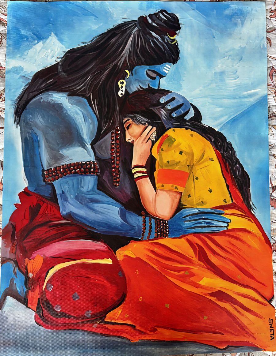 Acrylic painting of Shiva in blue holding Parvati in a saffron and marigold sari, both seated against a pale sky